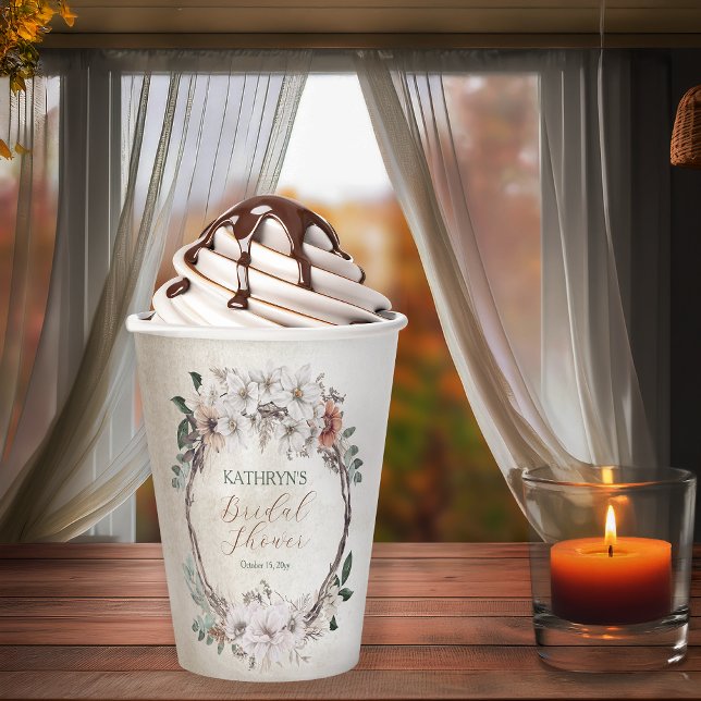 Boho Muted Fall Floral Bridal Shower Paper Cups (Boho Muted Fall Floral and Grapevine Wreath "Fall in Love" Bridal Shower Collection Paper Cups)