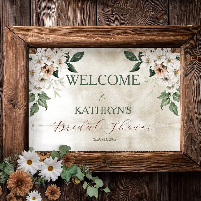 Boho Muted Fall Floral Bridal Shower Poster (Boho Muted Fall Floral and Grapevine Wreath "Fall in Love" Bridal Shower Welcome Poster)
