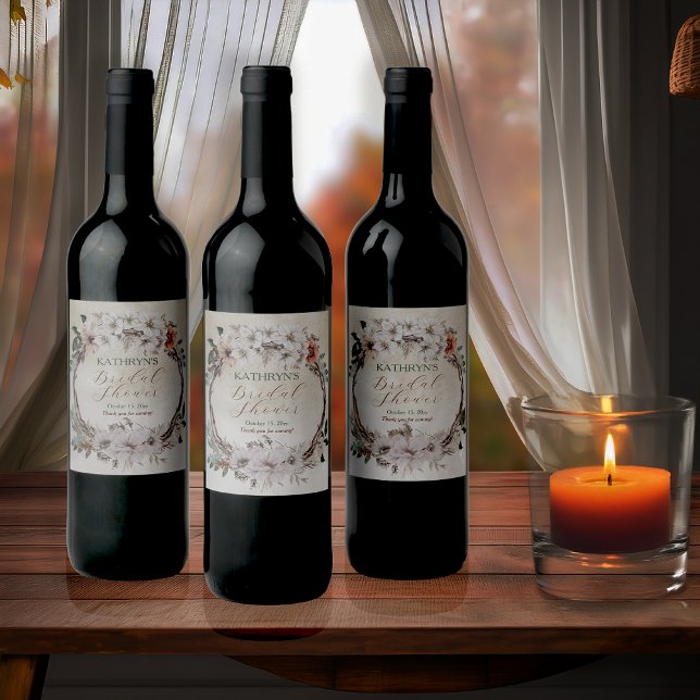 Boho Muted Fall Floral Bridal Shower Wine Label (Boho Muted Fall Floral and Grapevine Wreath Fall in Love Bridal Shower Collection Wine Bottle Labels)