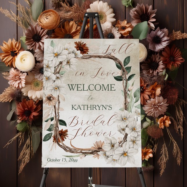 Boho Muted Fall Floral Fall in Love Bridal Shower Foam Board (Boho Muted Fall Floral and Grapevine Wreath "Fall in Love" Bridal Shower Welcome Foam Board Sign)