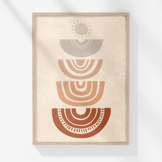 Boho Muted Neutral Abstract Sun and Shapes Art Poster (Boho Muted Neutral Abstract Sun and Shapes Art Poster in a wooden frame on a sunny white wall.)