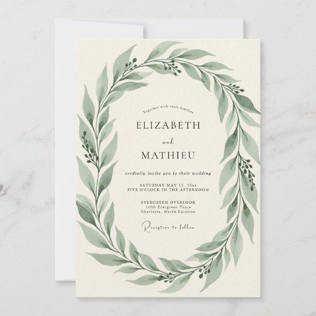 Boho Muted Olive Leafy Wedding Invitation (Front)