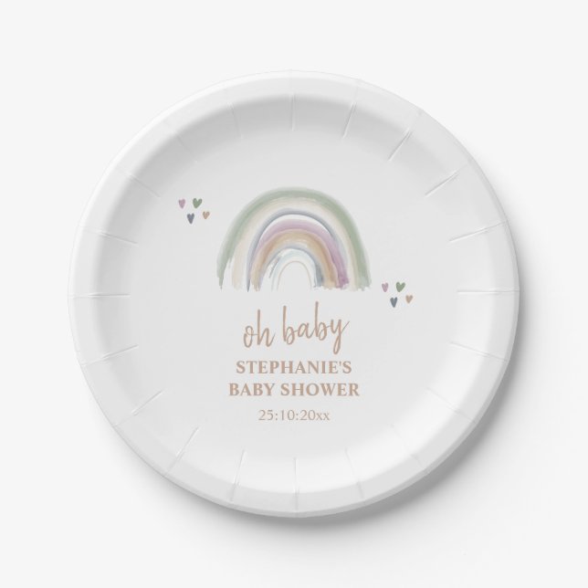  Boho Muted Rainbow Sage Green  Baby Shower  Paper Plates (Front)