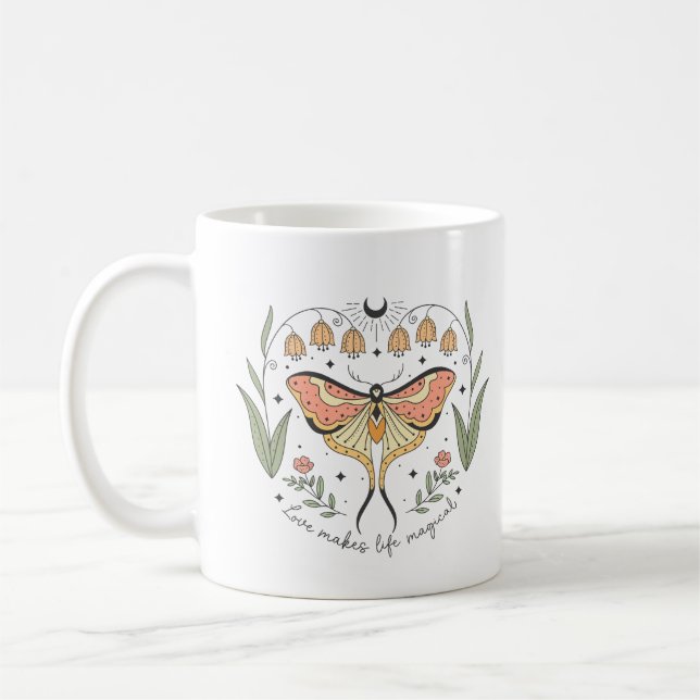 Boho Mystic Moths Love Makes Life Magical  Coffee Mug (Left)