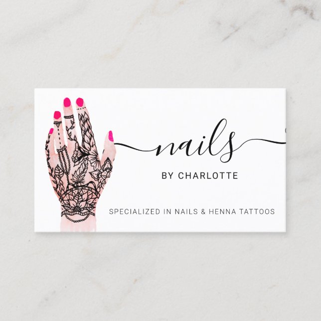 Boho nails technician henna tattoos illustration business card (Front)