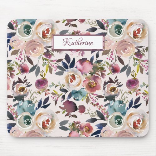 Boho Named Painted Roses Blush Pink Mouse Pad