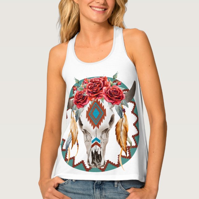 Boho Native American inspired Cow Skull Tank Top (Front)