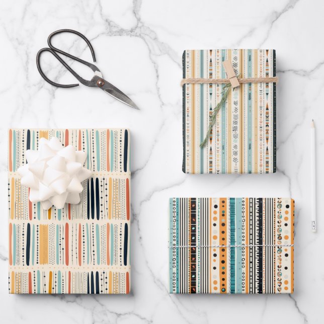 Boho native ethnic navy rusty terracotta stripes wrapping paper sheets (Front)