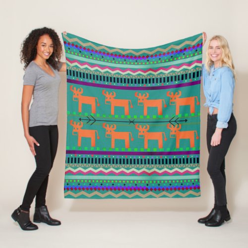 Boho Native Indian Buffalo Tribal Teal Fleece Blanket