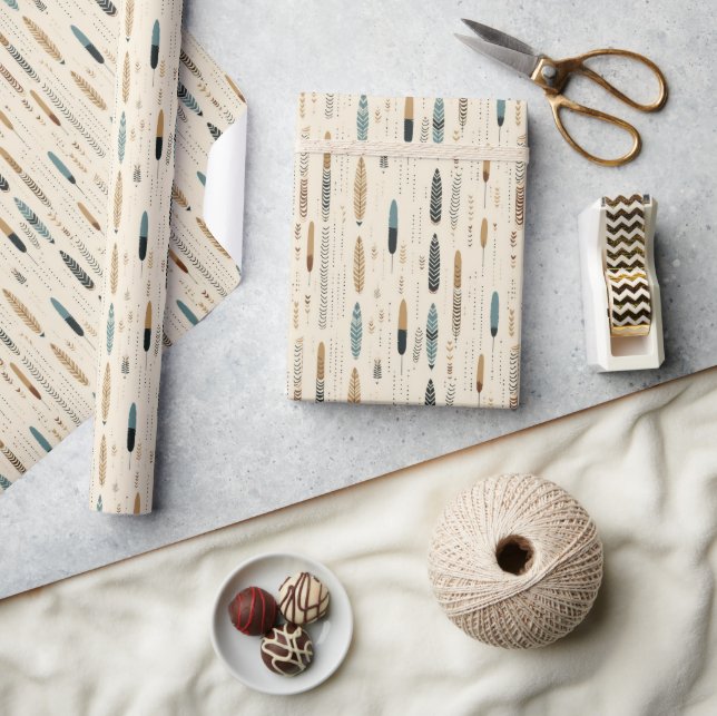 Boho native navy terracotta brown feathers earthy wrapping paper (Crafts)
