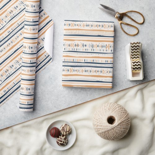 Boho native ornaments navy rusty stripes ethnic wrapping paper