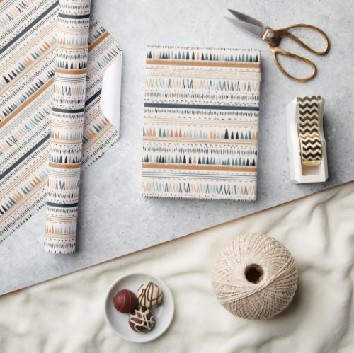 Boho native ornaments navy rusty stripes ethnic wrapping paper