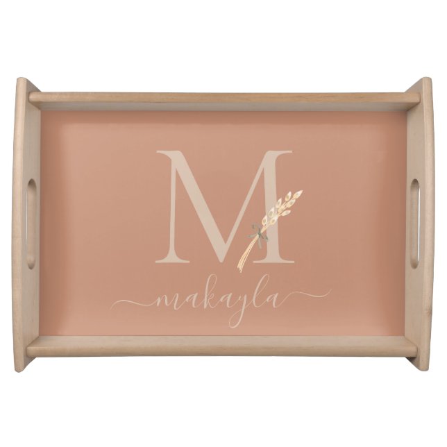 Boho Natural Monogram Script Name Serving Tray (Front)
