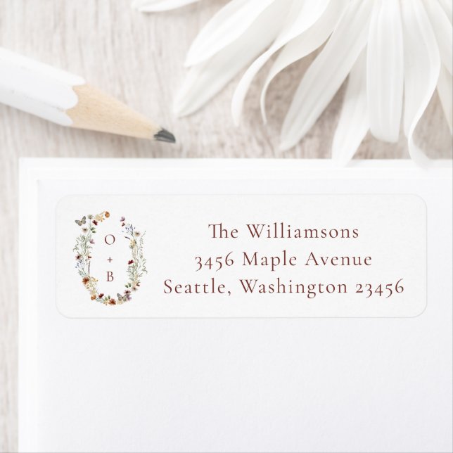 Boho Nature Wildflowers Monogram Return Address Label (Insitu)