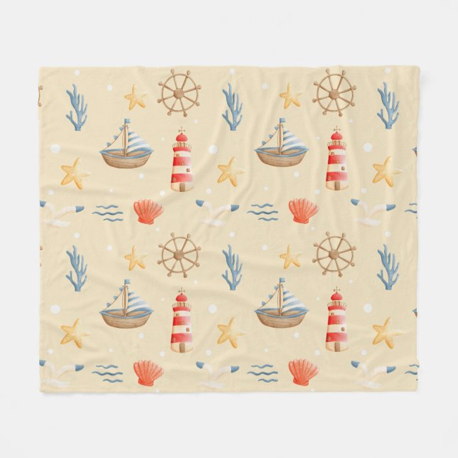 Boho Nautical Boat Lighthouse Pattern Fleece Blanket (Front (Horizontal))