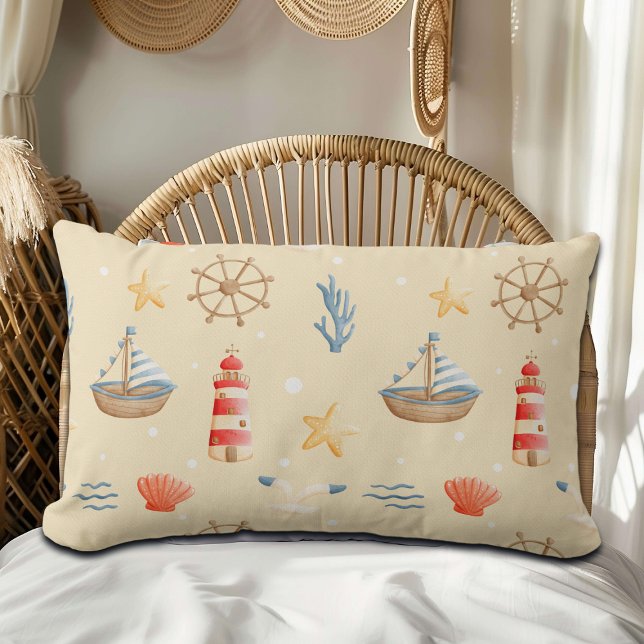 Boho Nautical Boat Lighthouse Pattern Lumbar Pillow (Creator Uploaded)