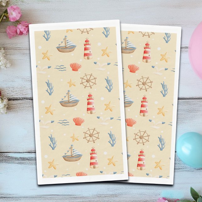 Boho Nautical Boat Lighthouse Pattern Paper Guest Towels (Creator Uploaded)