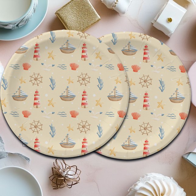 Boho Nautical Boat Lighthouse Pattern Paper Plates (Creator Uploaded)