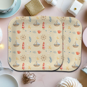 Boho Nautical Boat Lighthouse Pattern Paper Plates