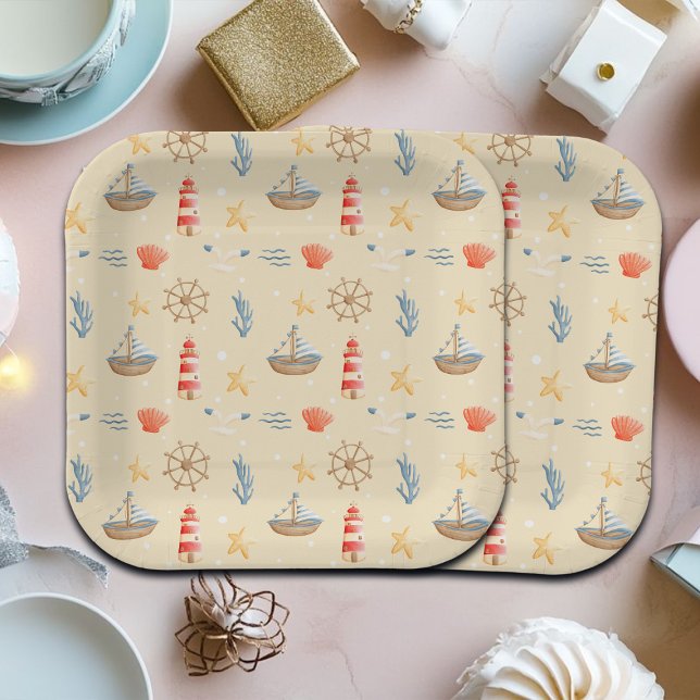 Boho Nautical Boat Lighthouse Pattern Paper Plates (Creator Uploaded)
