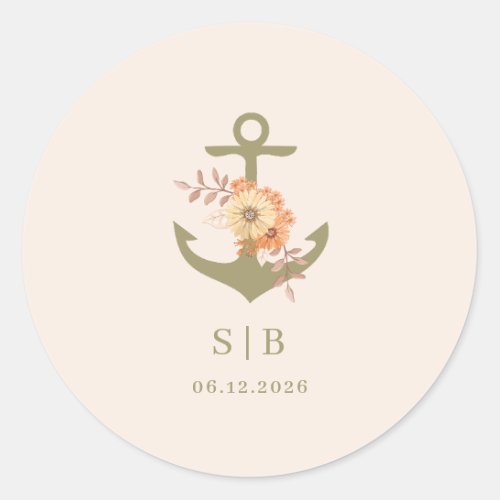Boho Nautical Monogram Wedding  Classic Round Sticker
