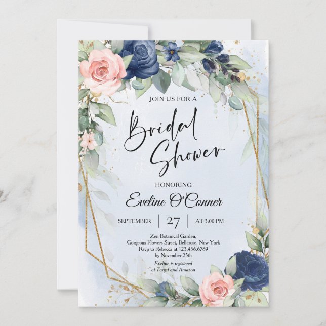 Boho navy and blush eucalyptus and gold frame  invitation (Front)