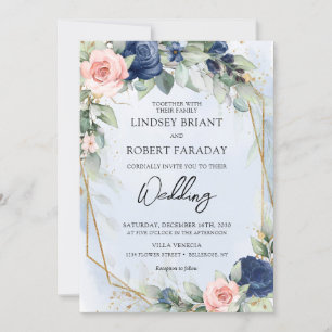 Boho navy and blush gold frame and eucalyptus invitation