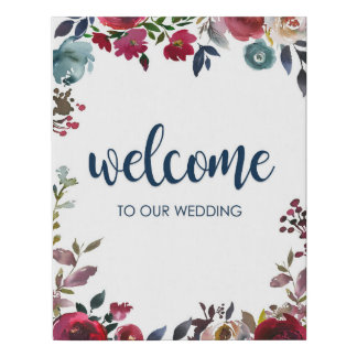 Boho Navy and Burgundy Floral Wedding Welcome Sign