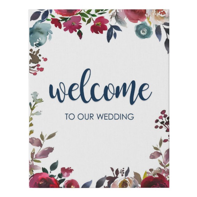 Boho Navy and Burgundy Floral Wedding Welcome Sign (Front)