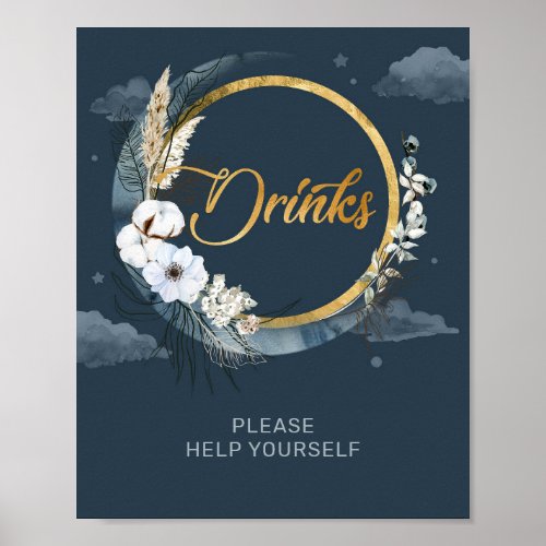 Boho navy and gold foil moon pampas cotton Drinks  Poster