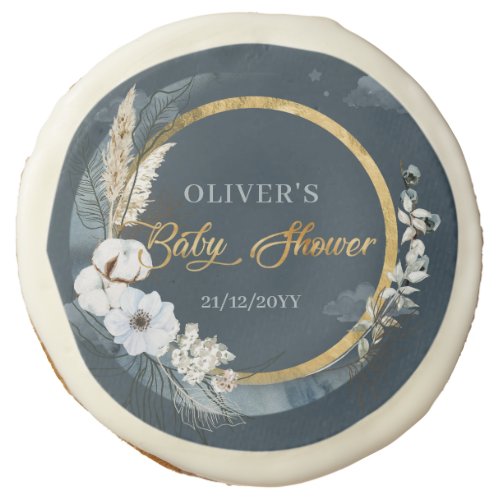 Boho navy and gold foil moon pampas cotton  sugar cookie