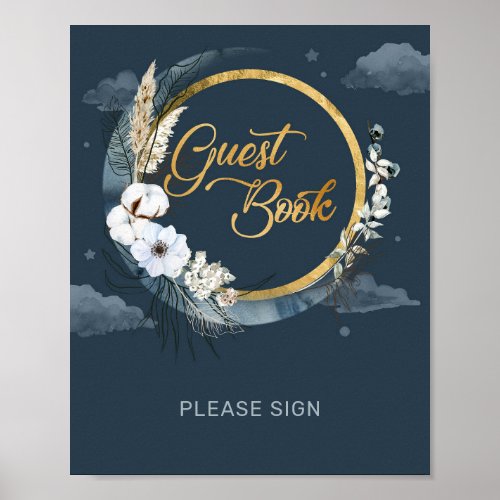 Boho navy and gold foil Over the moon Guest book