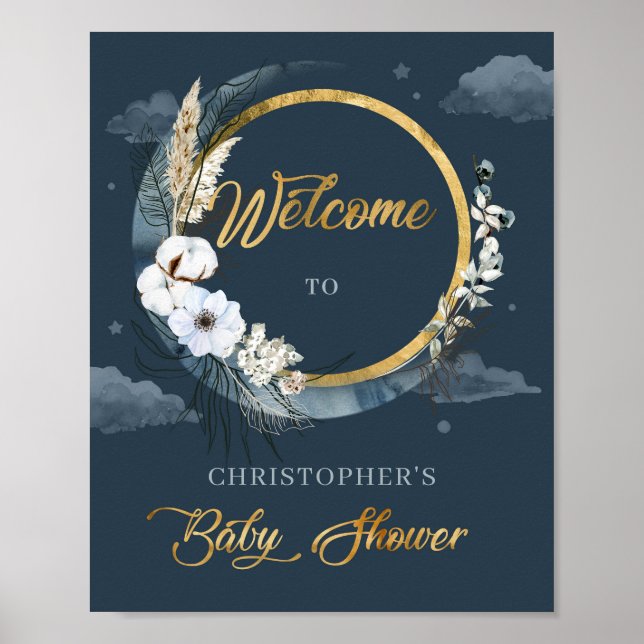 Boho navy and gold foil pampas cotton Welcome Poster (Front)
