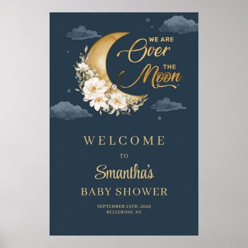 Boho navy and gold moon floral Baby Shower Welcome Poster