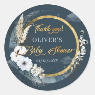 Boho navy and gold moon pampas white flowers classic round sticker