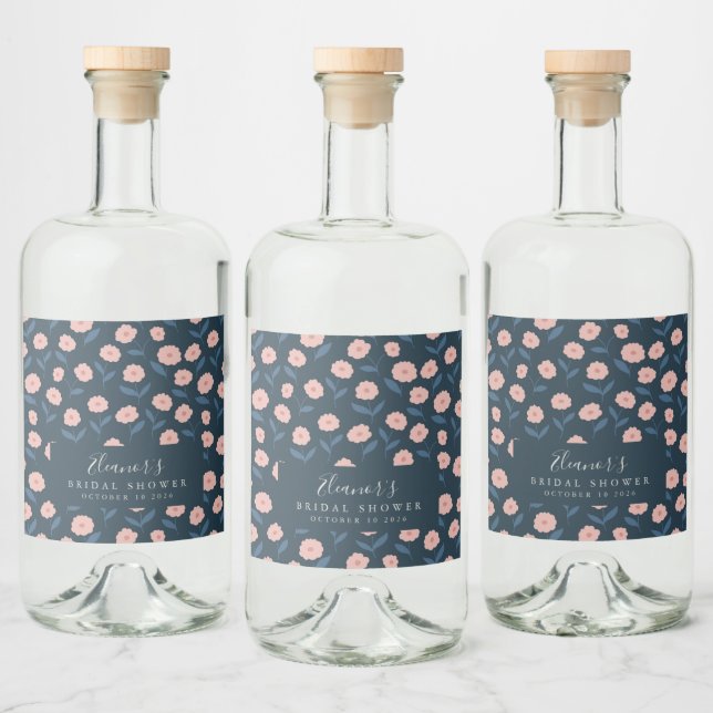 Boho Navy and Pink Floral Custom Bridal Shower  Liquor Bottle Label (Bottles)