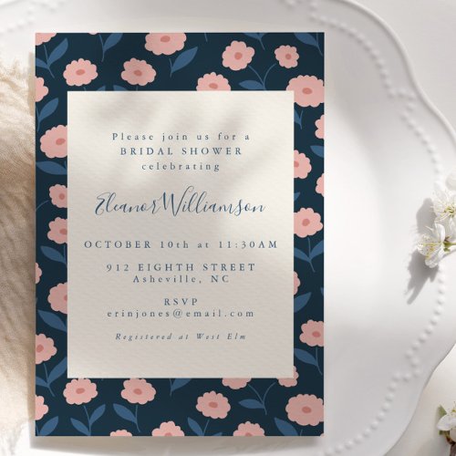 Boho Navy and Pink Flowers Bridal Shower Invitation