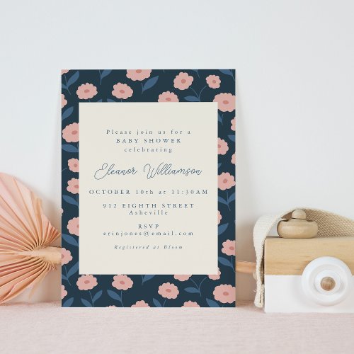 Boho Navy and Pink Flowers Cute Baby Shower Invitation