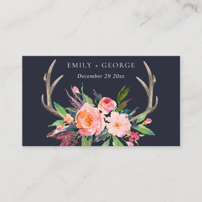 BOHO NAVY BARN BLUSH ANTLER FLORAL WEDDING WEBSITE BUSINESS CARD (Front)