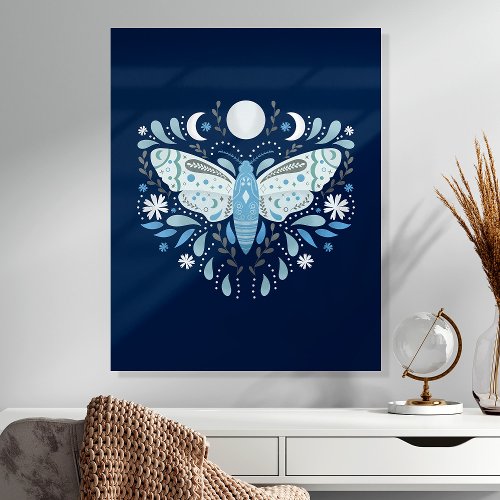 Boho Navy Blue Abstract Moth Wall Art Acrylic Photo Tile