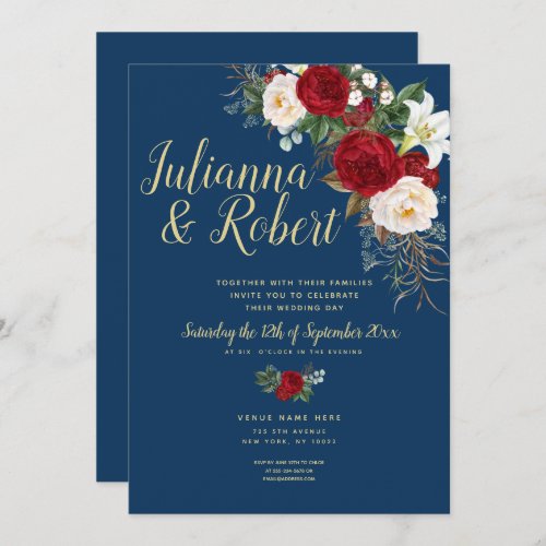 Boho Navy Blue and Burgundy Floral Watercolor Invitation