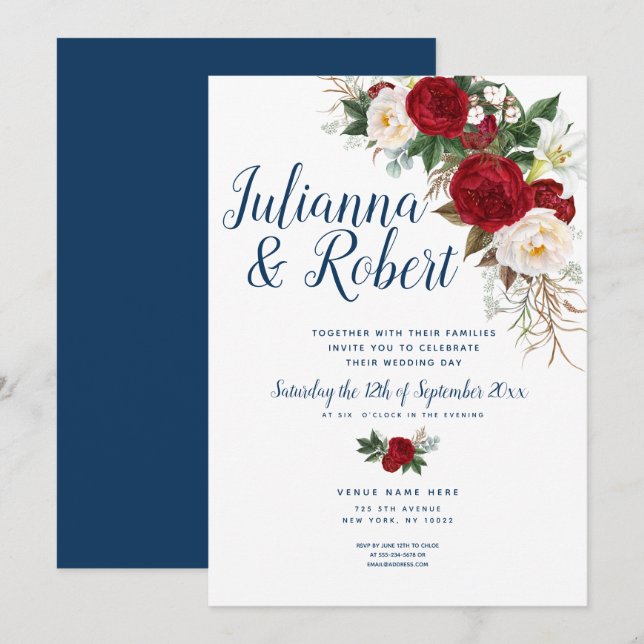 Boho Navy Blue and Burgundy Floral Watercolor Invitation (Front/Back)