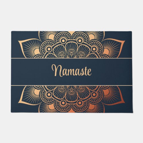 Boho Navy Blue and Peach Mandala Custom Text  Doormat