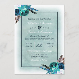 Boho Navy Blue Aqua Watercolor Wedding Invitation