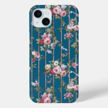 Boho Navy Blue Blush Pink Floral Rose Gold Stripes Iphone 15 Plus Case by kicksdesign at Zazzle