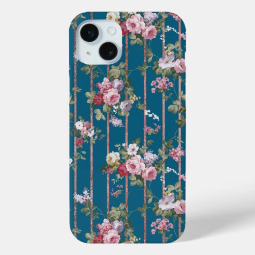 Boho navy blue blush pink floral rose gold stripes iPhone 15 plus case