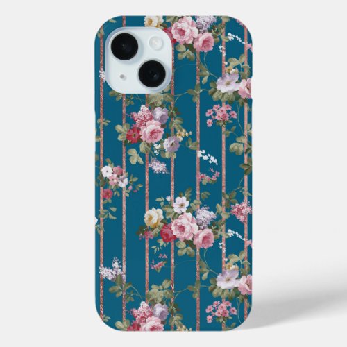 Boho navy blue blush pink floral rose gold stripes iPhone 15 case