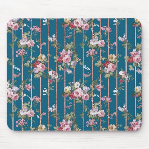 Boho navy blue blush pink floral rose gold stripes mouse pad