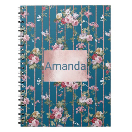 Boho navy blue blush pink floral rose gold stripes notebook