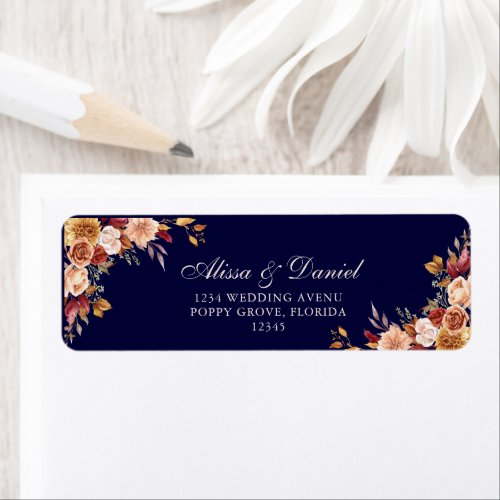 Boho Navy Blue Burnt Orange Floral Address Label